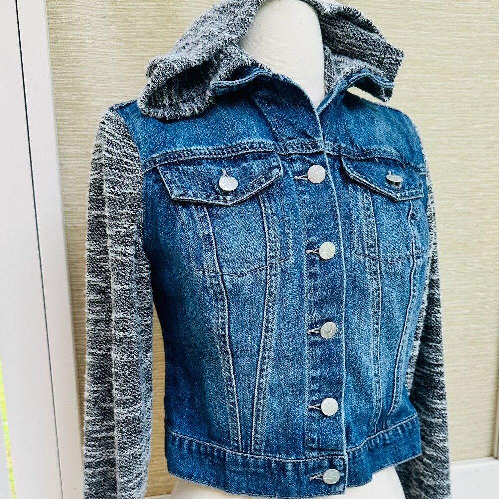 Jessica Simpson Denim Jacket Small Knit Sleeves Hooded Jean Jacket